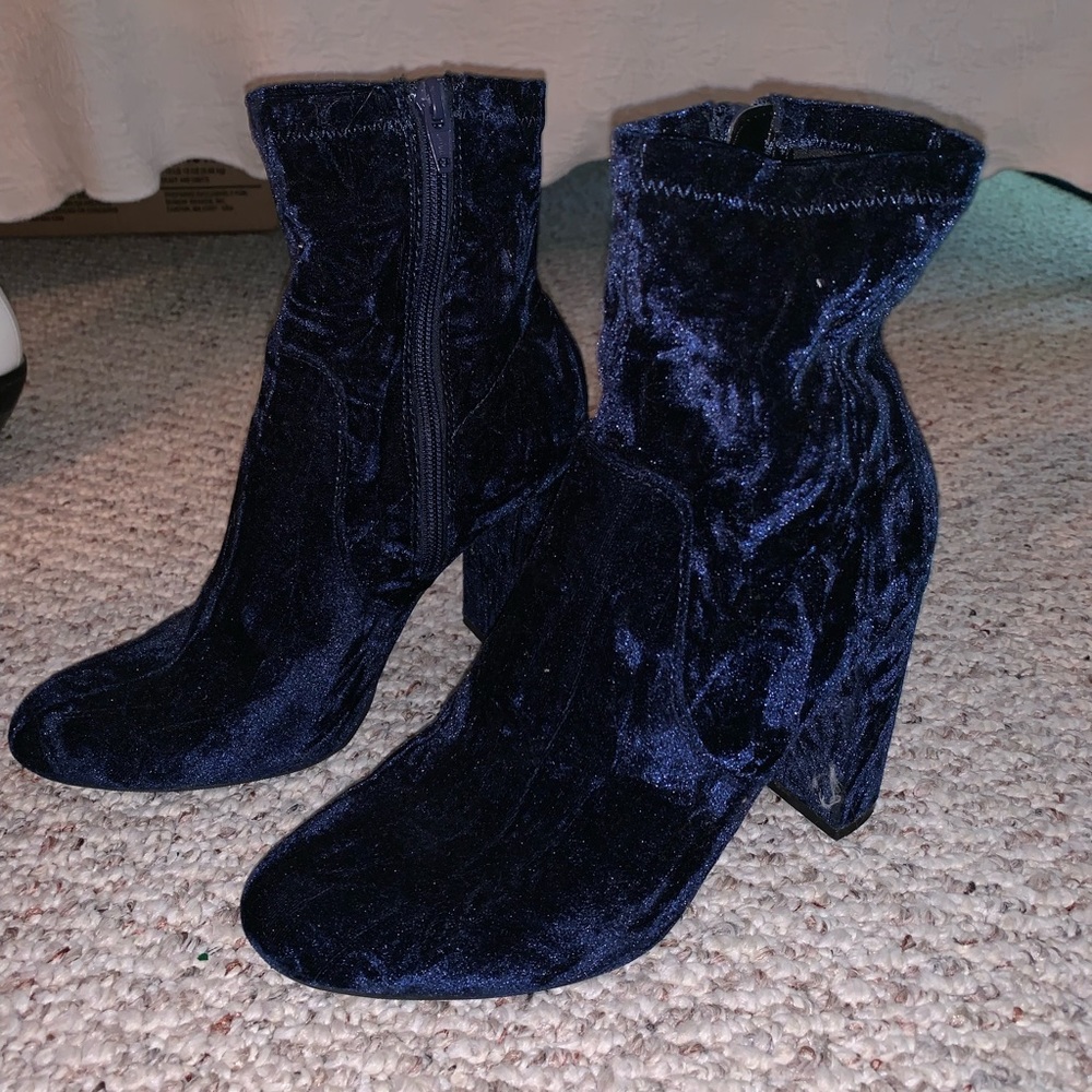 Blue suede ankle booties